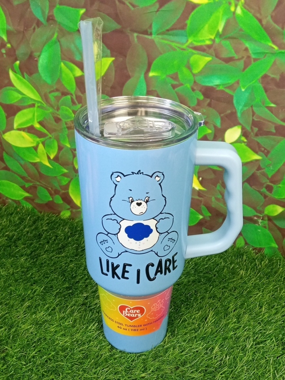 🏠 Care Bears Grumpy Bear "Like I Care" Blue Travel Mug with Straw - Picture 2 of 7